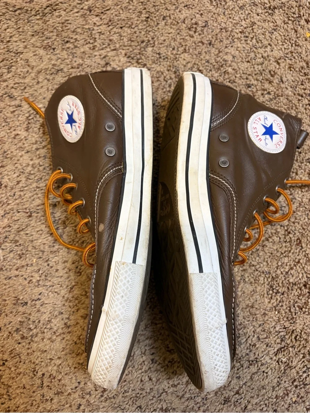 Converse Brown Leather High-Top Sneakers with Orange Laces 10 chukka